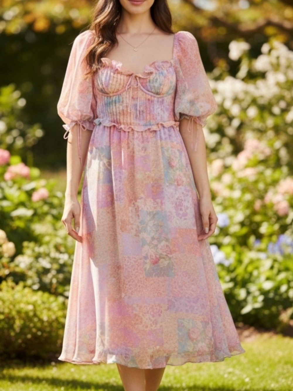 For Love & Lemons Pastel Floral Corset Midi Dress